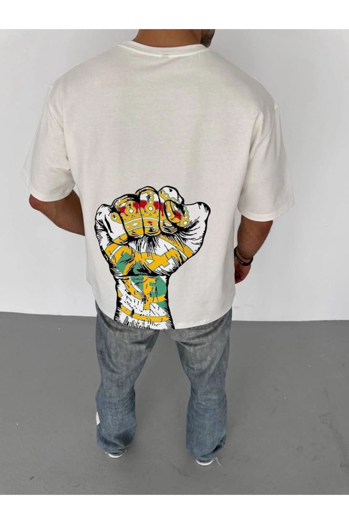 Erkek Kısa Kol Yazlık Tişört Bisiklet Yaka Baskılı Oversize T-Shirt - Beyaz