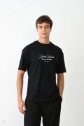 Erkek Kısa Kol Yazlık Tişört Bisiklet Yaka Baskılı Oversize T-Shirt - Siyah
