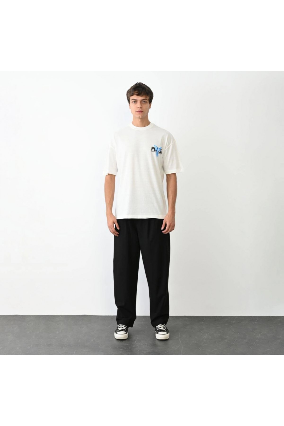 Erkek Baskılı T-Shirt Kısa Kol Bisiklet Yaka Regular Fit Rahat Kalıp Günlük Tişört - Beyaz