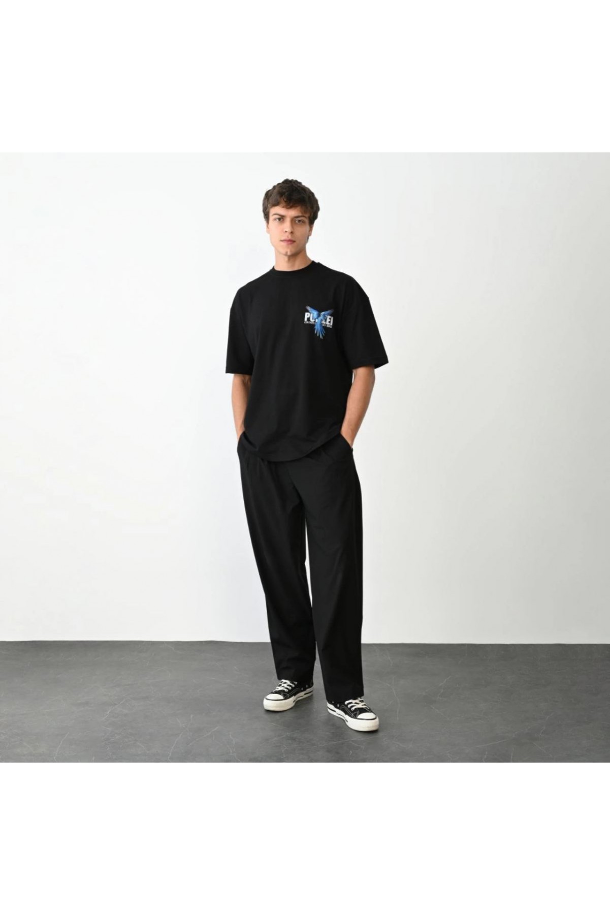 Erkek Baskılı T-Shirt Kısa Kol Bisiklet Yaka Regular Fit Rahat Kalıp Günlük Tişört - Siyah
