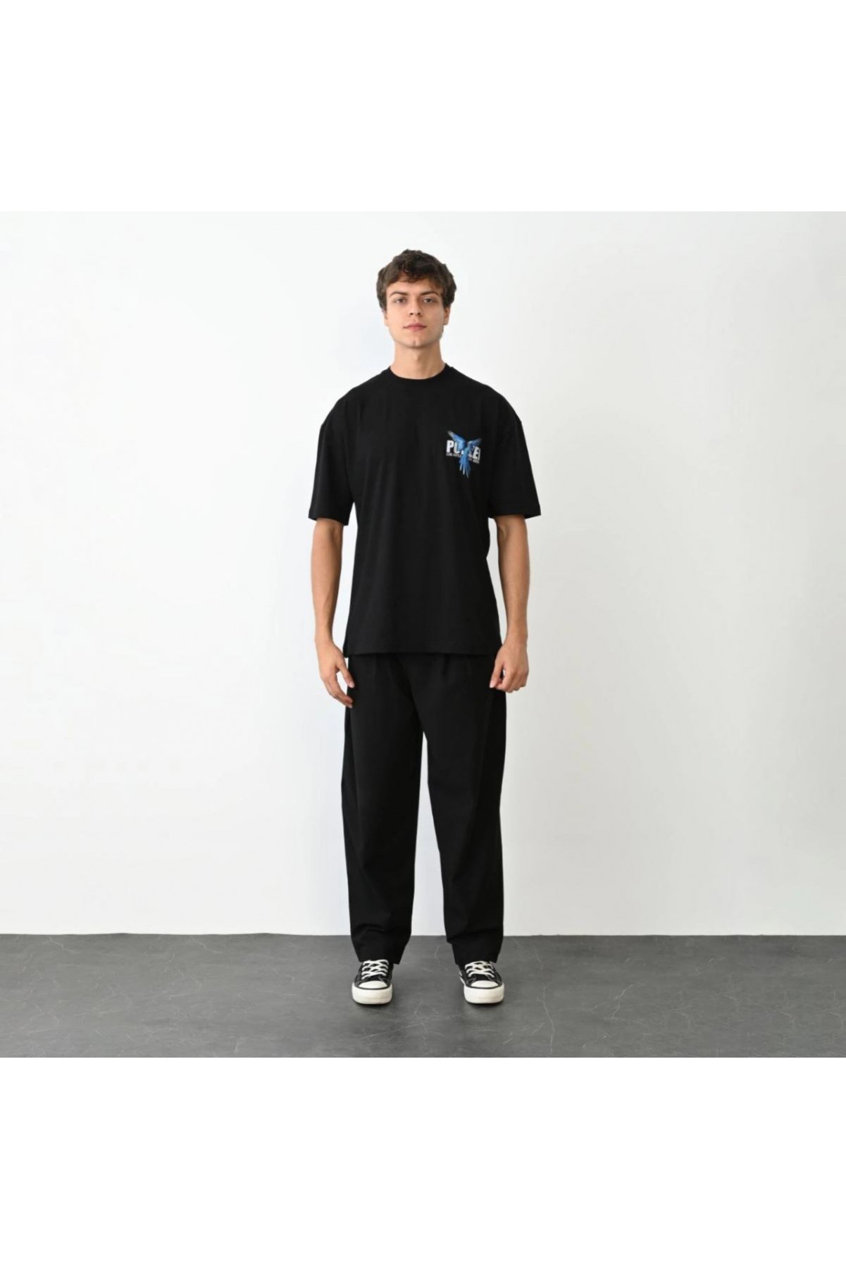 Erkek Baskılı T-Shirt Kısa Kol Bisiklet Yaka Regular Fit Rahat Kalıp Günlük Tişört - Siyah