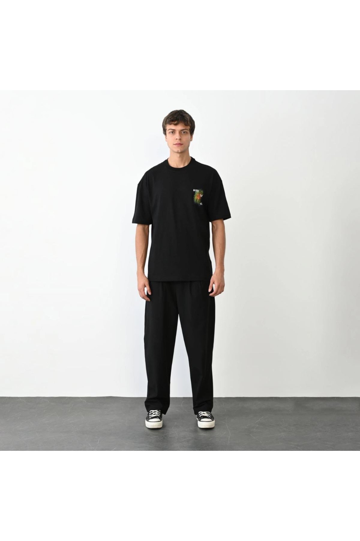 Erkek Kısa Kol Yazlık Tişört Bisiklet Yaka Baskılı Oversize T-Shirt - Siyah