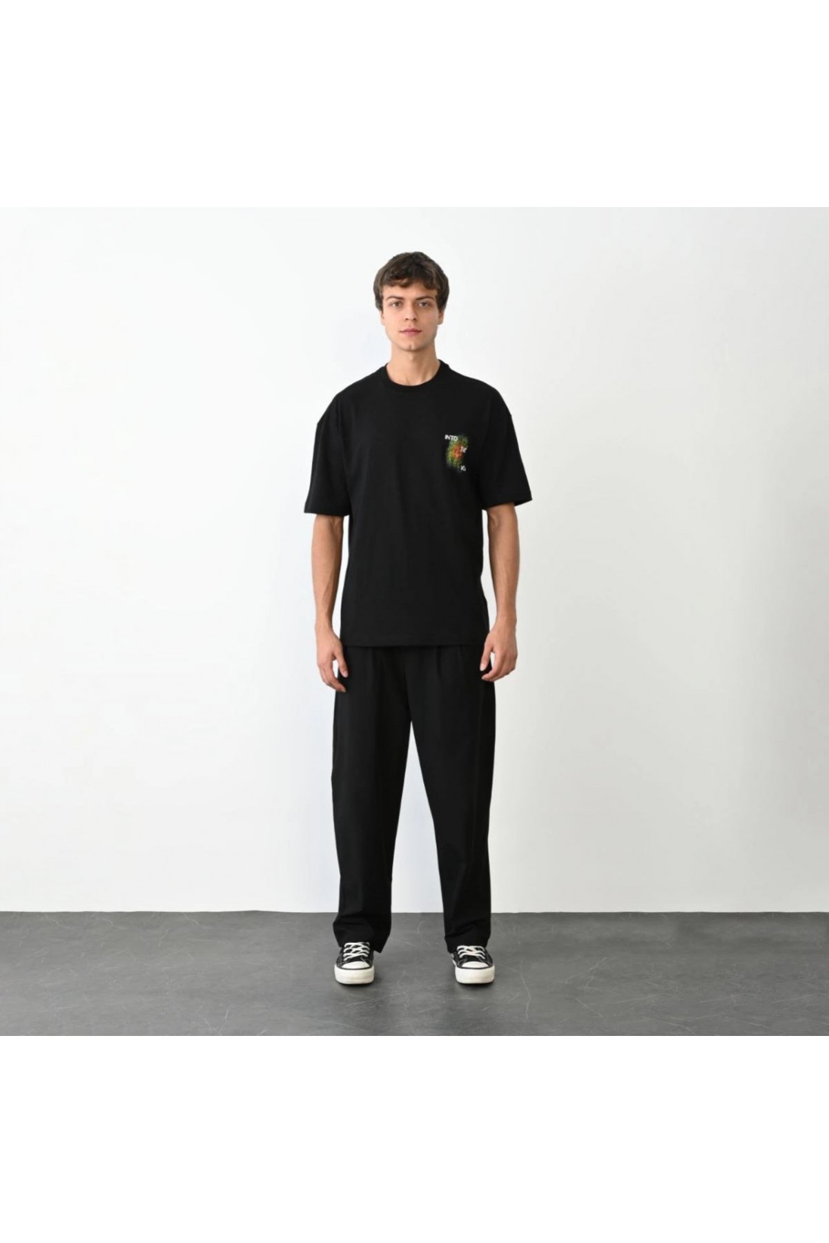 Erkek Kısa Kol Yazlık Tişört Bisiklet Yaka Baskılı Oversize T-Shirt - Siyah