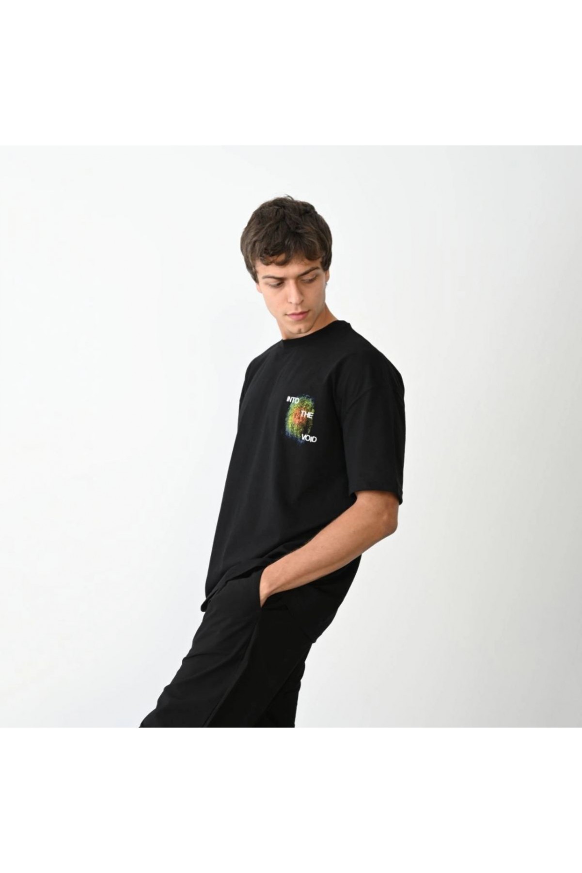 Erkek Kısa Kol Yazlık Tişört Bisiklet Yaka Baskılı Oversize T-Shirt - Siyah