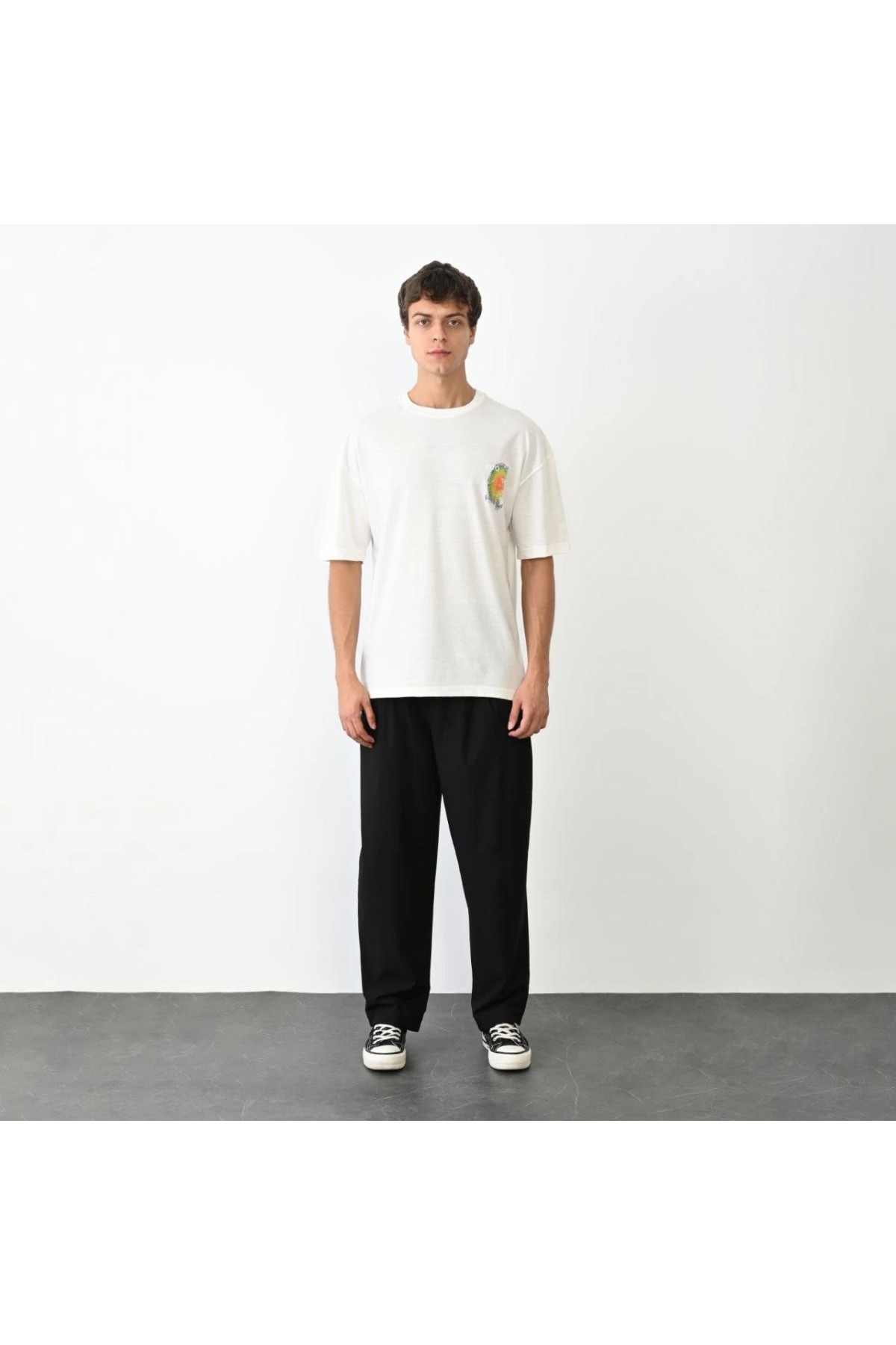 Erkek Kısa Kol Yazlık Tişört Bisiklet Yaka Baskılı Oversize T-Shirt - Beyaz
