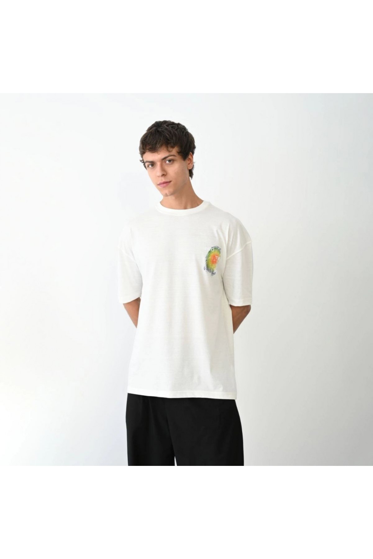 Erkek Kısa Kol Yazlık Tişört Bisiklet Yaka Baskılı Oversize T-Shirt - Beyaz