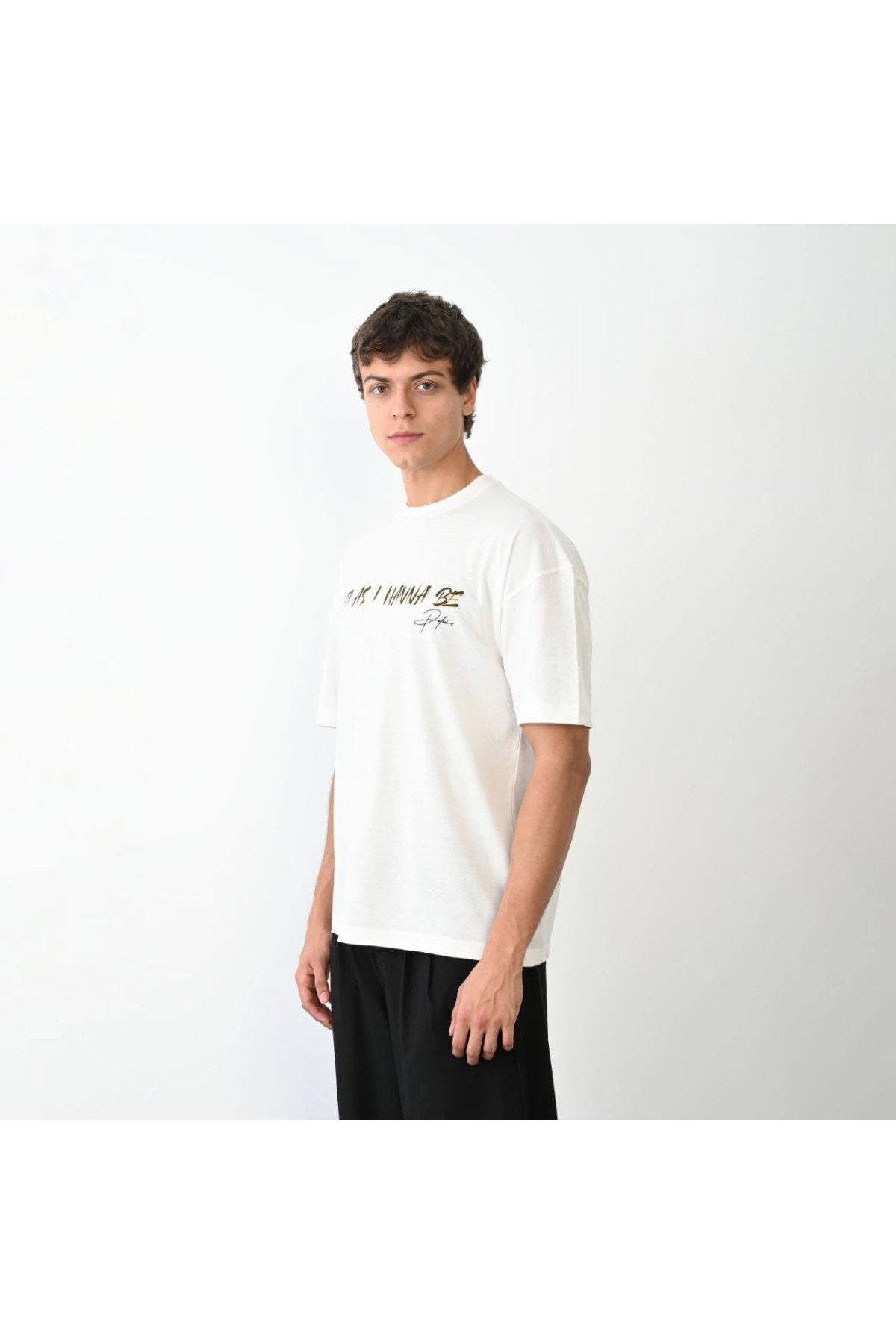Erkek Baskılı T-Shirt Kısa Kol Bisiklet Yaka Regular Fit Rahat Kalıp Günlük Tişört- Beyaz