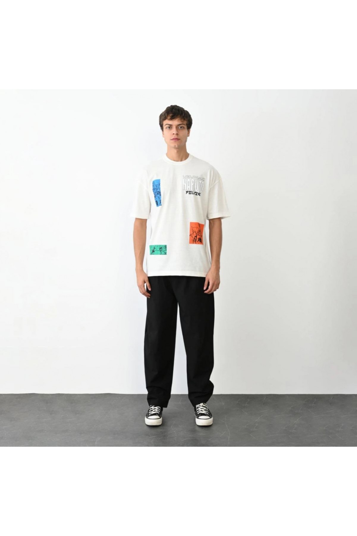 Erkek Kısa Kol Yazlık Tişört Bisiklet Yaka Baskılı Oversize T-Shirt - Beyaz
