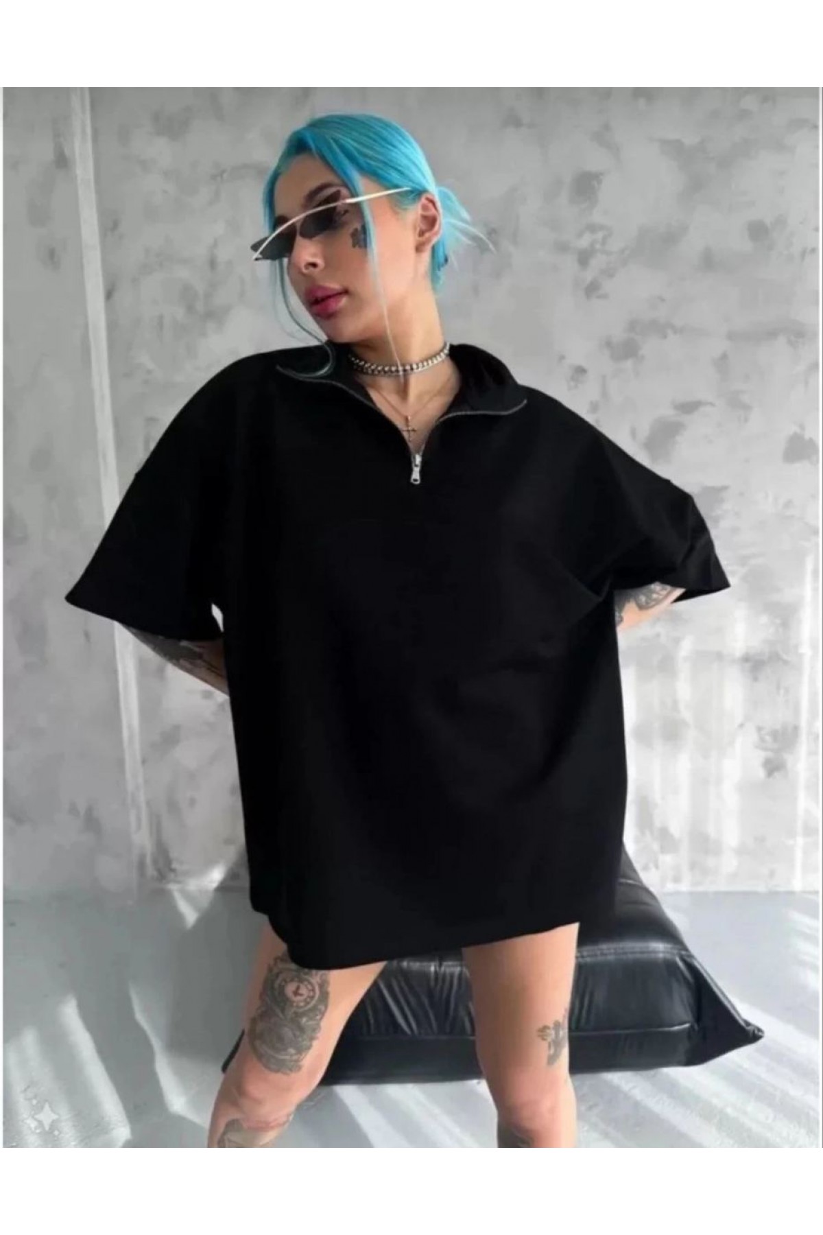 Kadın Yarım Fermuarlı Tişört Düz Oversize T-Shirt - Siyah