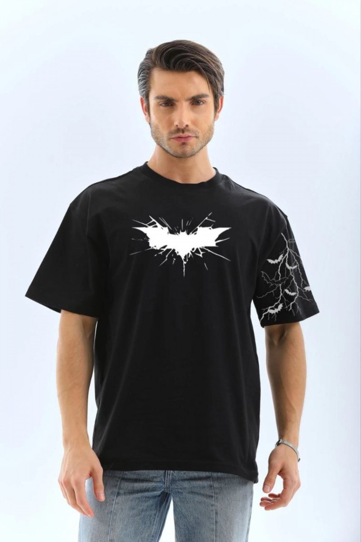 ERKEK Bisiklet yaka tişort Ön ve Kol YARASA Baskılı T-shirt - Siyah