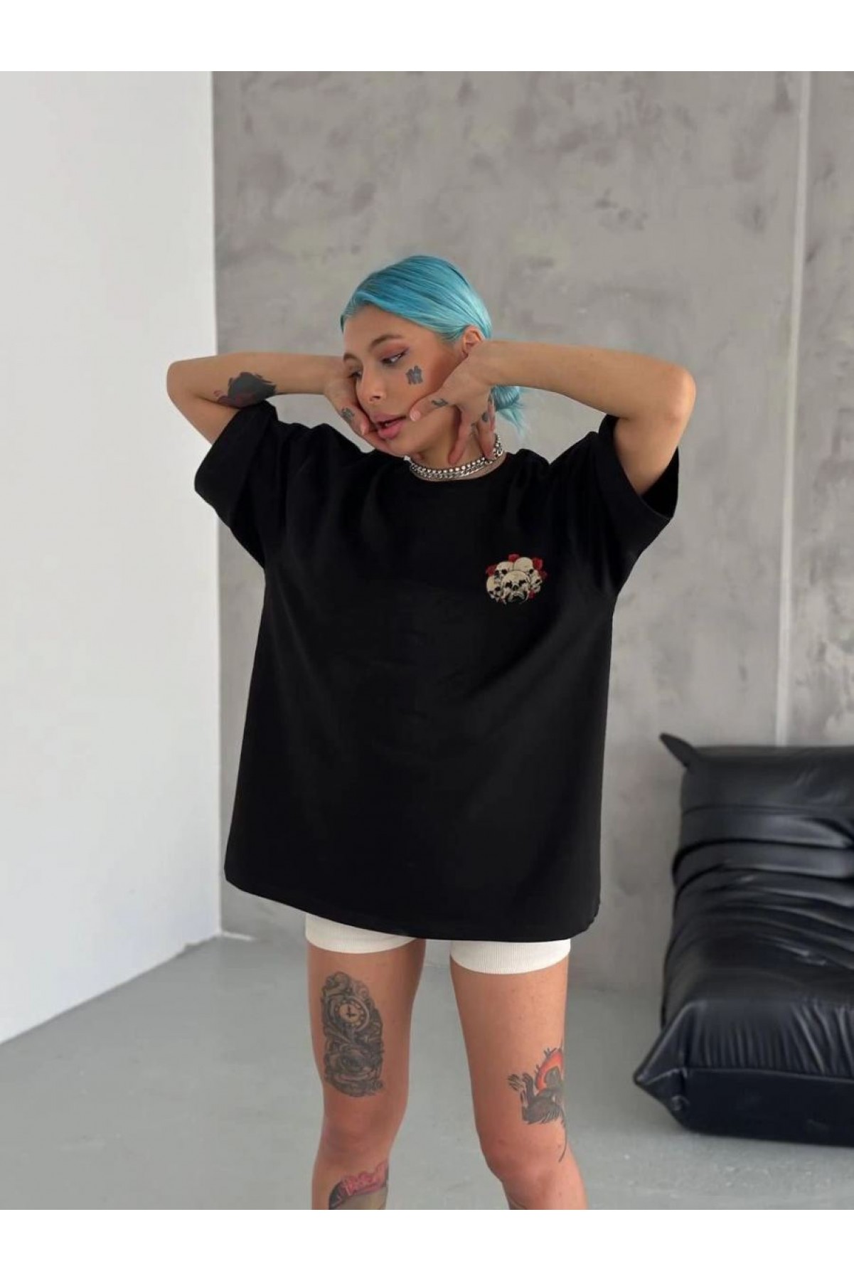 Kadın Baskılı T-Shirt Kısa Kol Bisiklet Yaka Oversize Rahat Kalıp Günlük Tişört   - Siyah