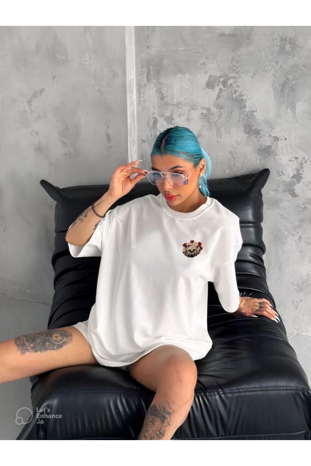 Kadın Kısa Kol Yazlık Tişört Bisiklet Yaka Kuru Kafa Baskılı T-Shirt - Beyaz