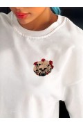 Kadın Kısa Kol Yazlık Tişört Bisiklet Yaka Kuru Kafa Baskılı T-Shirt - Beyaz
