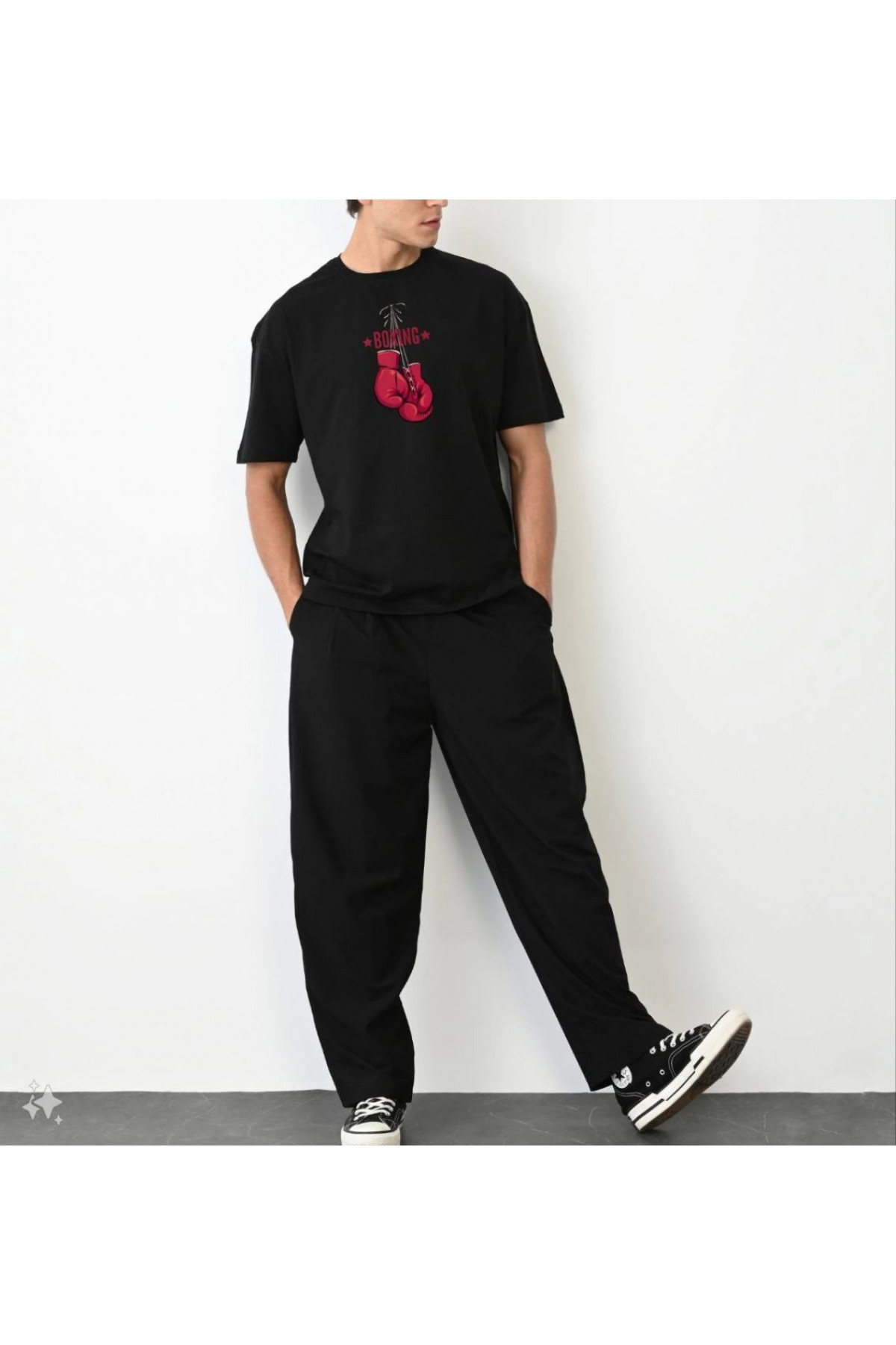 Erkek Boks Eldiven Baskılı T-Shirt Kısa Kol Bisiklet Yaka Regular Tişört - Siyah