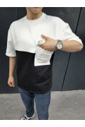 Erkek Kısa Kol Yazlık Tişört Torba Cepli Parçalı T-Shirt - Siyah