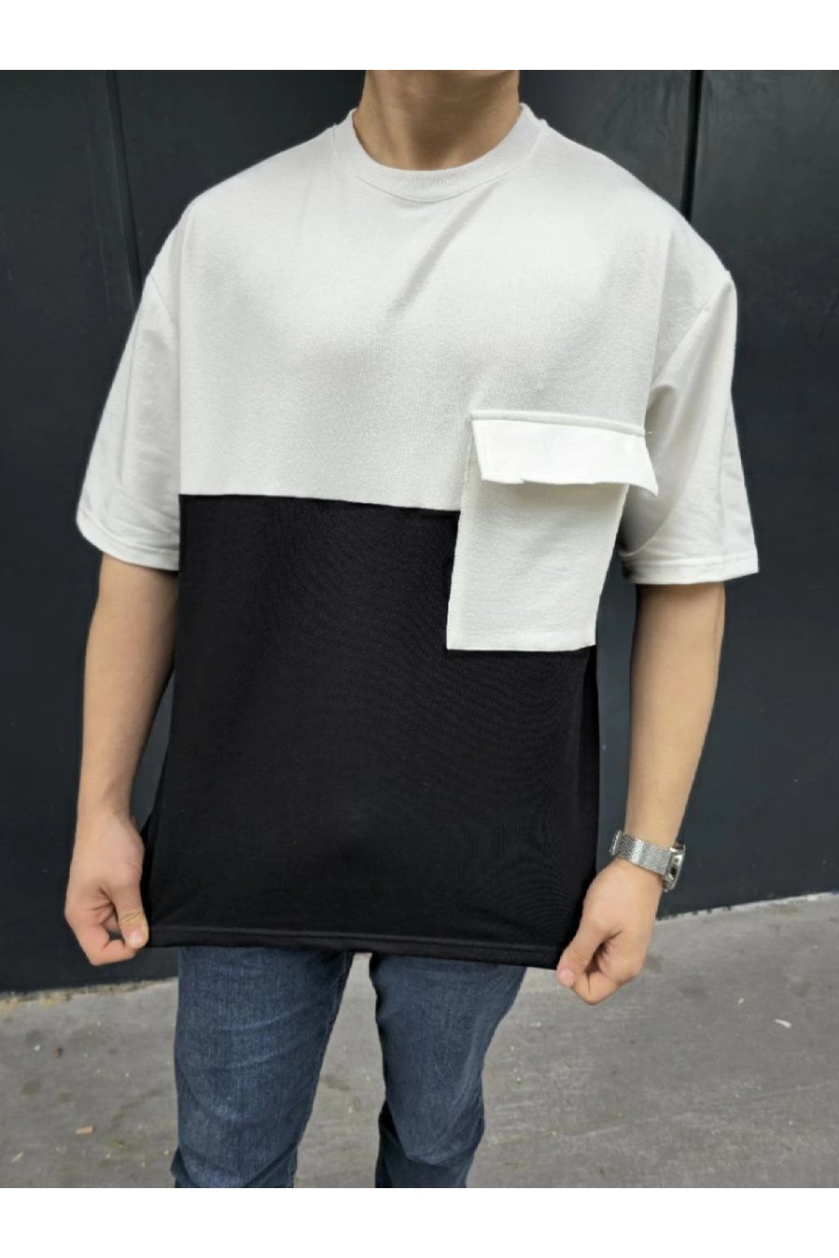 Erkek Kısa Kol Yazlık Tişört Torba Cepli Parçalı T-Shirt - Siyah