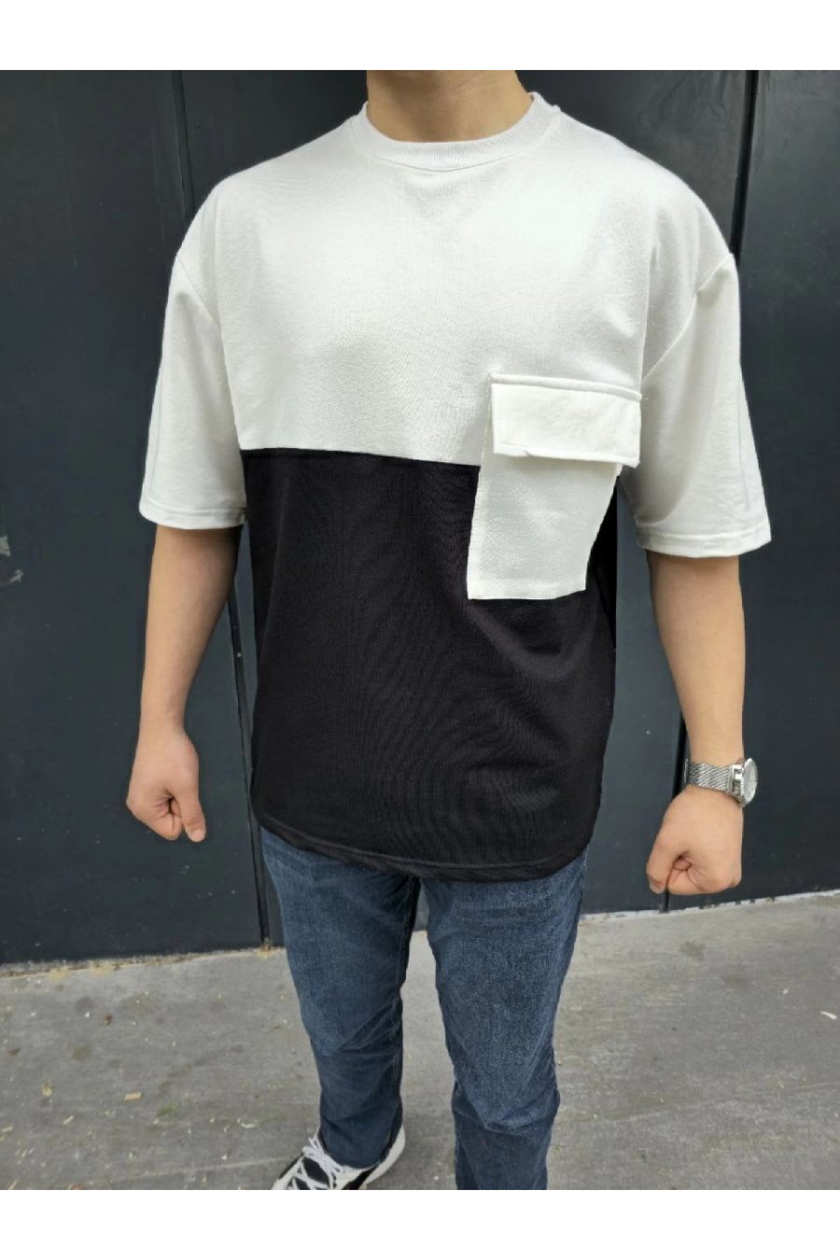 Erkek Kısa Kol Yazlık Tişört Torba Cepli Parçalı T-Shirt - Siyah