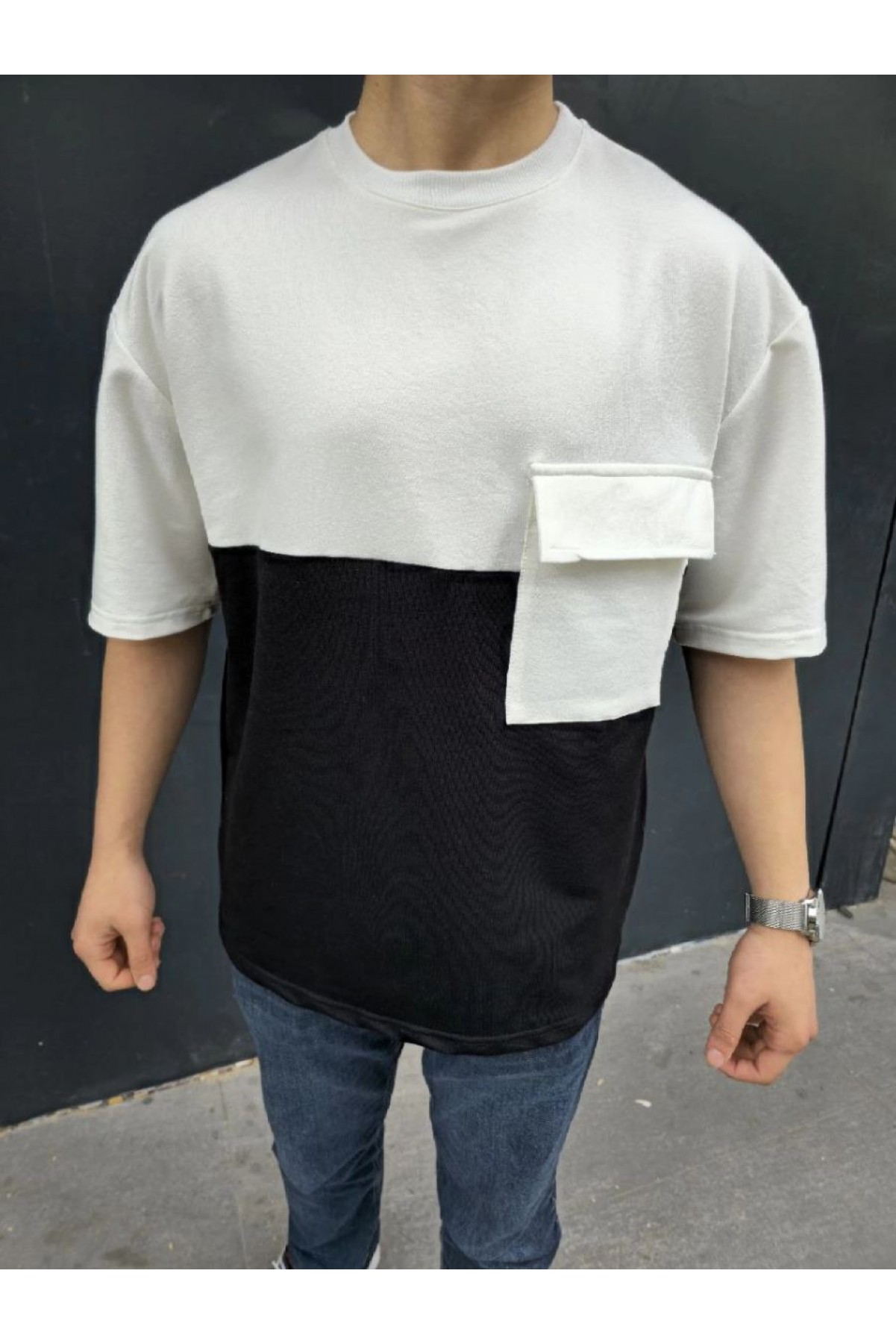 Erkek Kısa Kol Yazlık Tişört Torba Cepli Parçalı T-Shirt - Siyah