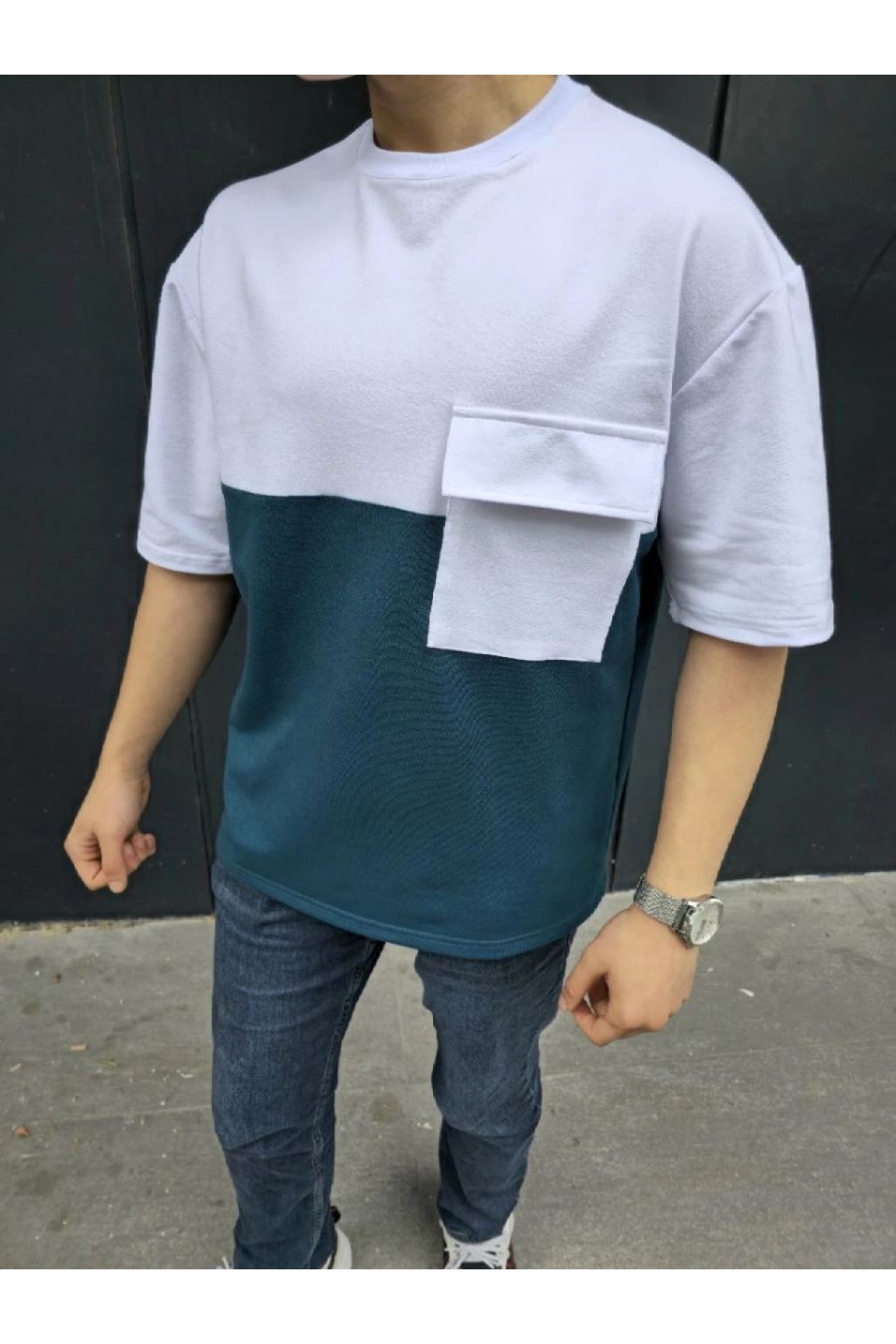 Erkek Kısa Kol Yazlık Tişört Torba Cepli Parçalı T-Shirt - Lacivert