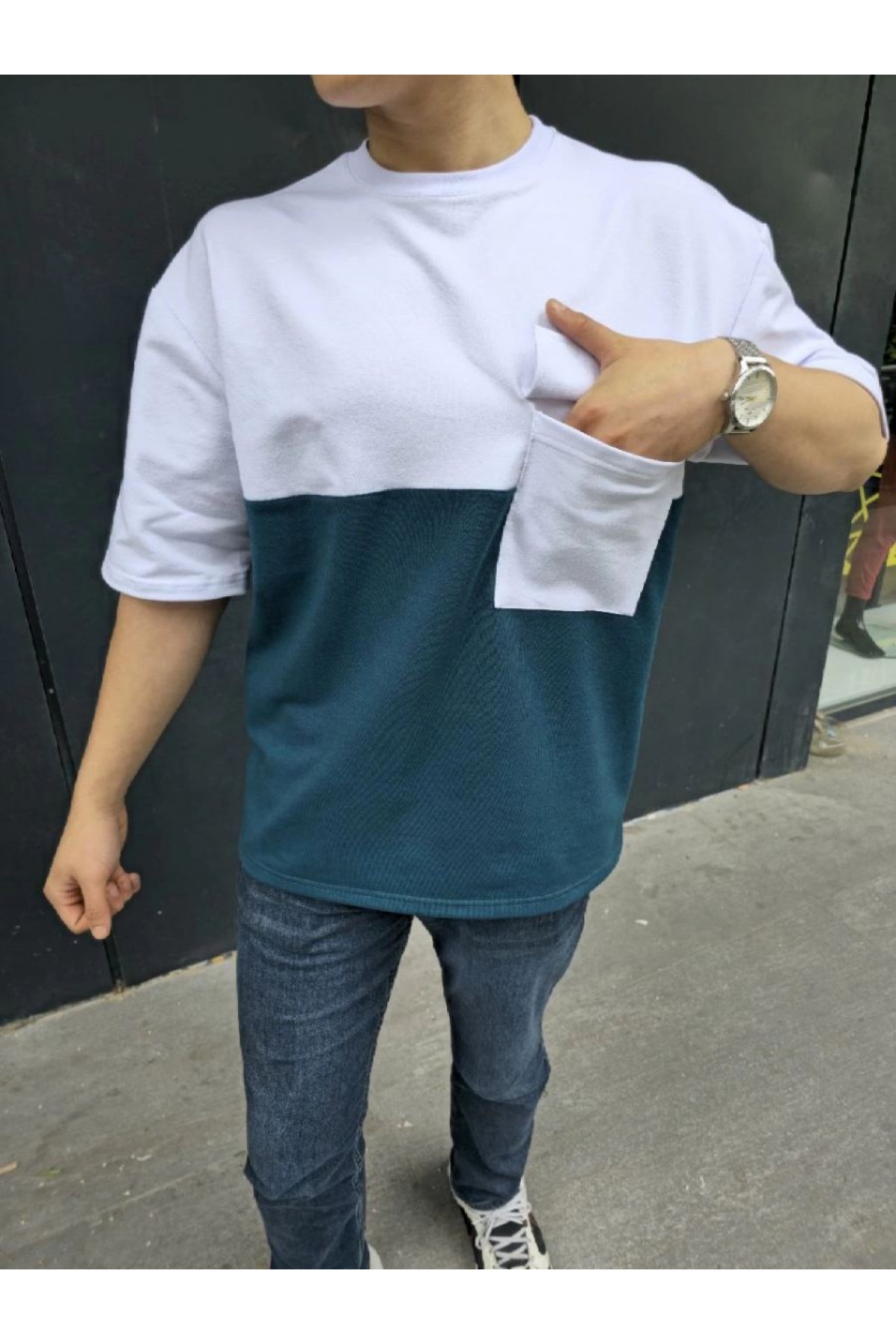 Erkek Kısa Kol Yazlık Tişört Torba Cepli Parçalı T-Shirt - Lacivert