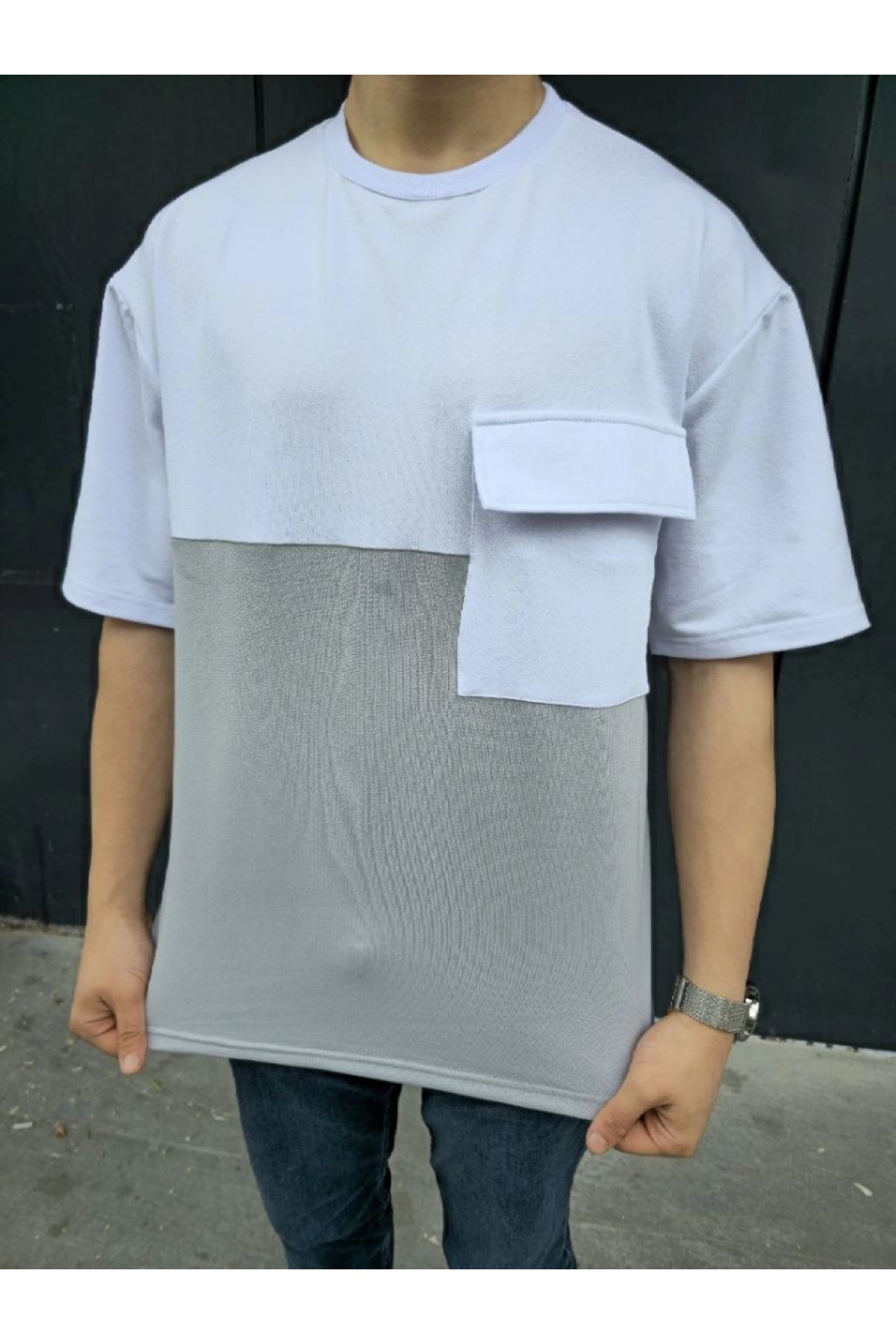 Erkek Kısa Kol Yazlık Tişört Torba Cepli Parçalı T-Shirt - Gri