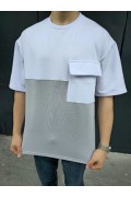 Erkek Kısa Kol Yazlık Tişört Torba Cepli Parçalı T-Shirt - Gri