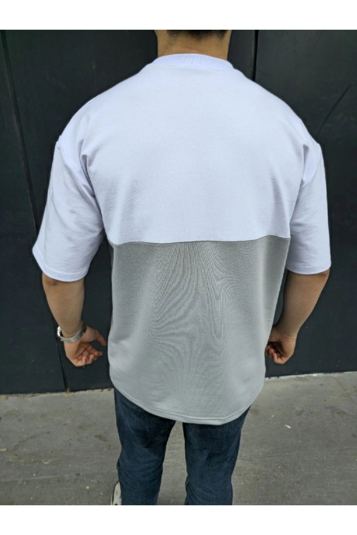 Erkek Kısa Kol Yazlık Tişört Torba Cepli Parçalı T-Shirt - Gri