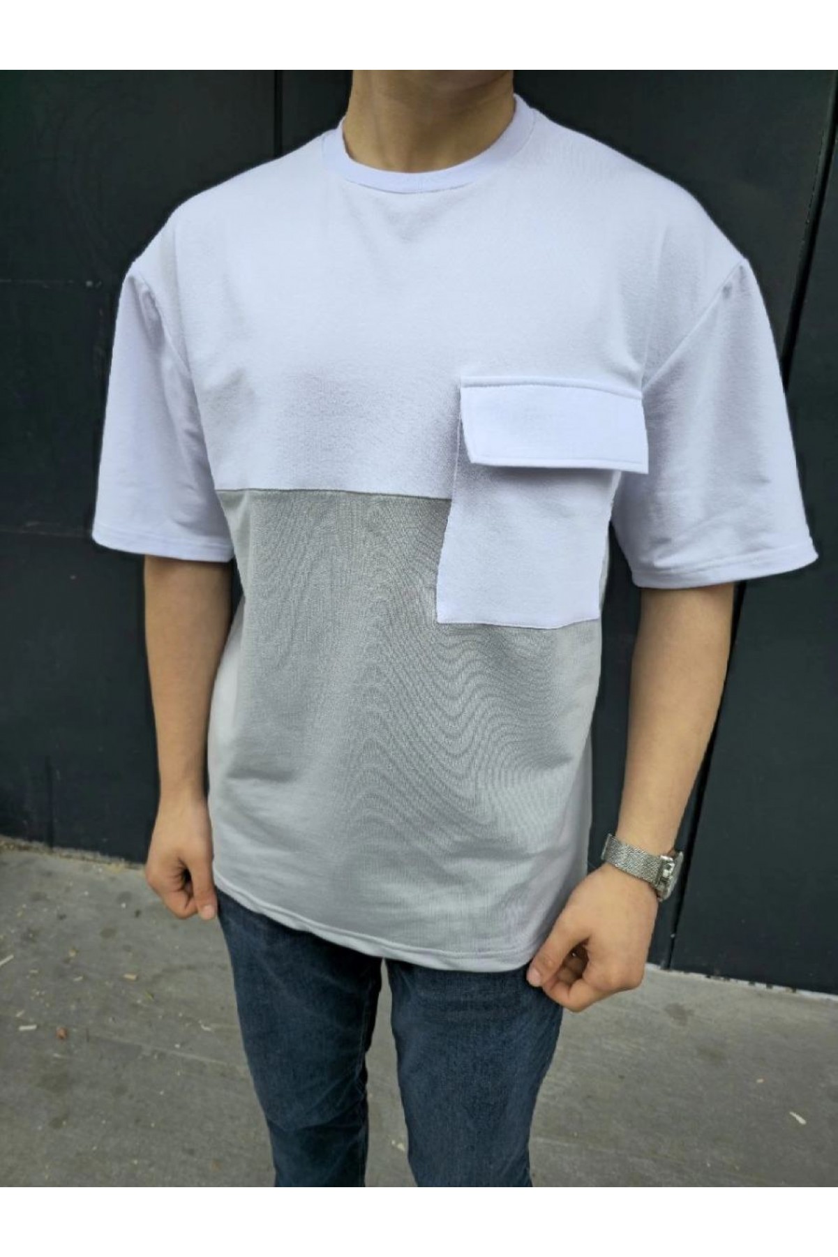 Erkek Kısa Kol Yazlık Tişört Torba Cepli Parçalı T-Shirt - Gri