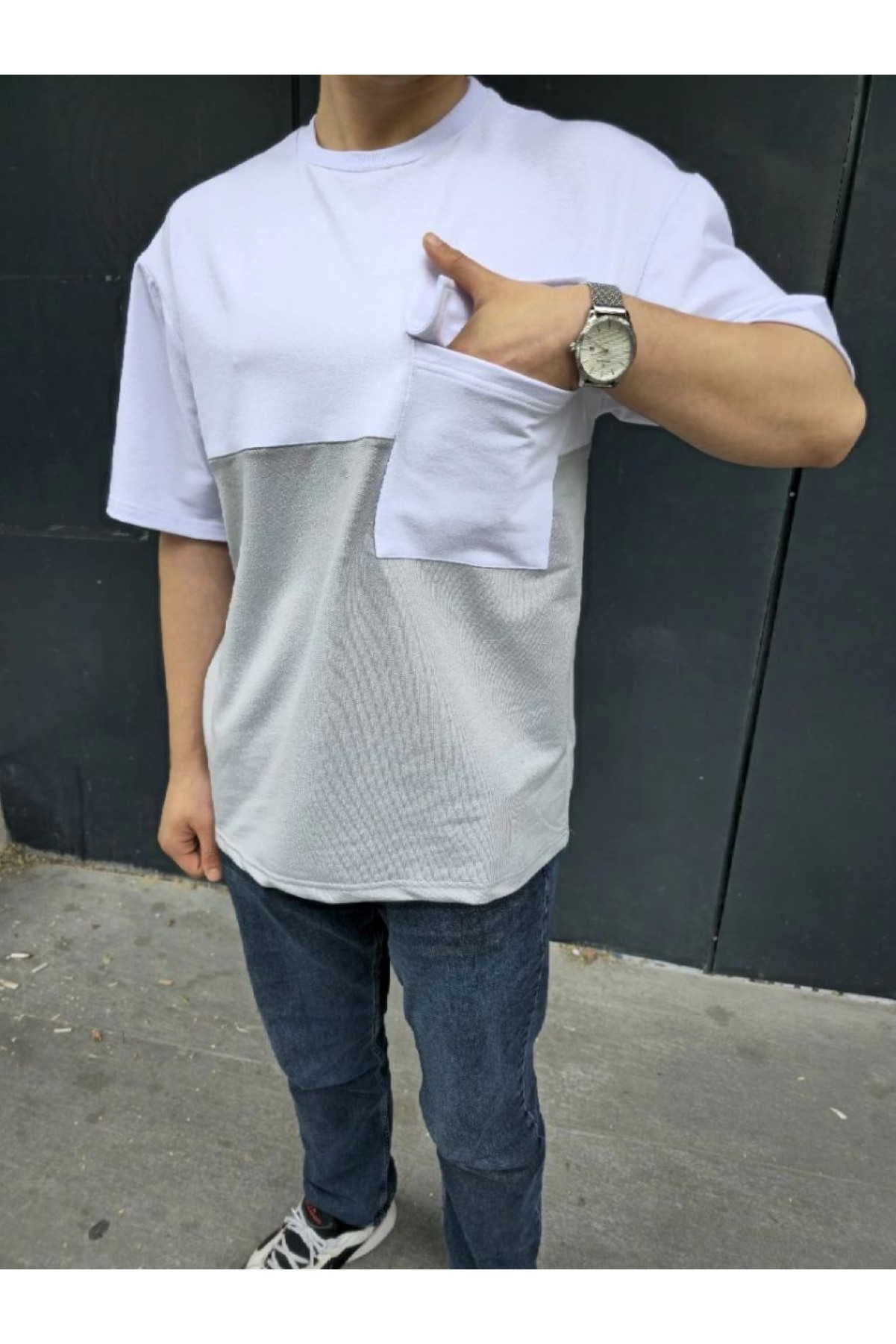 Erkek Kısa Kol Yazlık Tişört Torba Cepli Parçalı T-Shirt - Gri