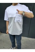 Erkek Kısa Kol Yazlık Tişört Torba Cepli Parçalı T-Shirt - Gri