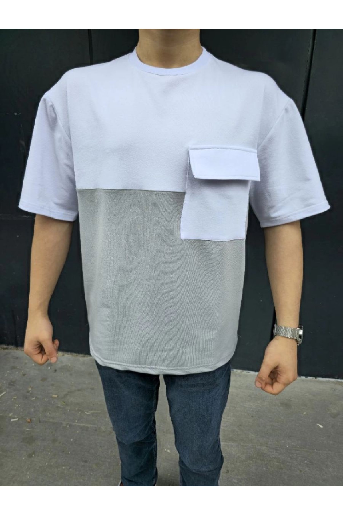 Erkek Kısa Kol Yazlık Tişört Torba Cepli Parçalı T-Shirt - Gri
