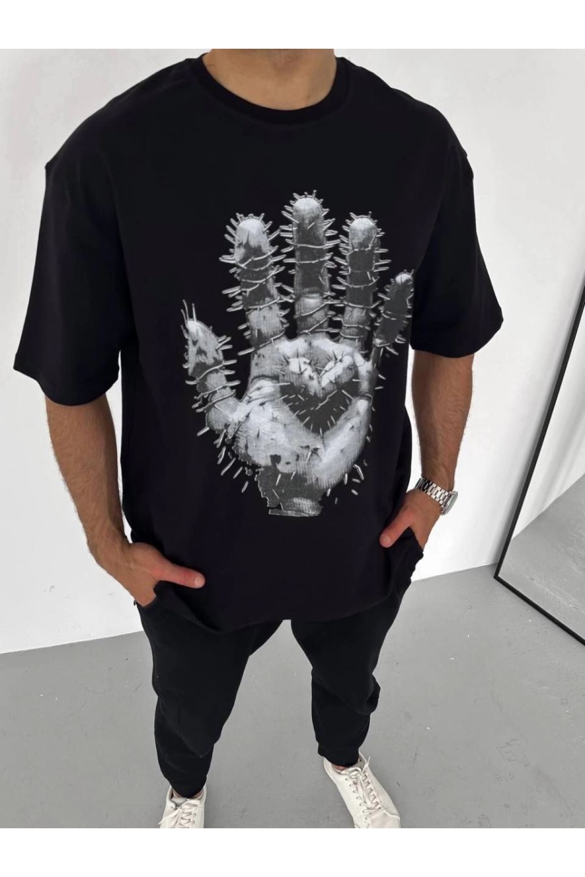 Erkek Baskılı T-Shirt Kısa Kol Bisiklet Yaka Regular Fit Rahat Kalıp Günlük Tişört - Siyah