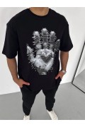 Erkek Baskılı T-Shirt Kısa Kol Bisiklet Yaka Regular Fit Rahat Kalıp Günlük Tişört - Siyah