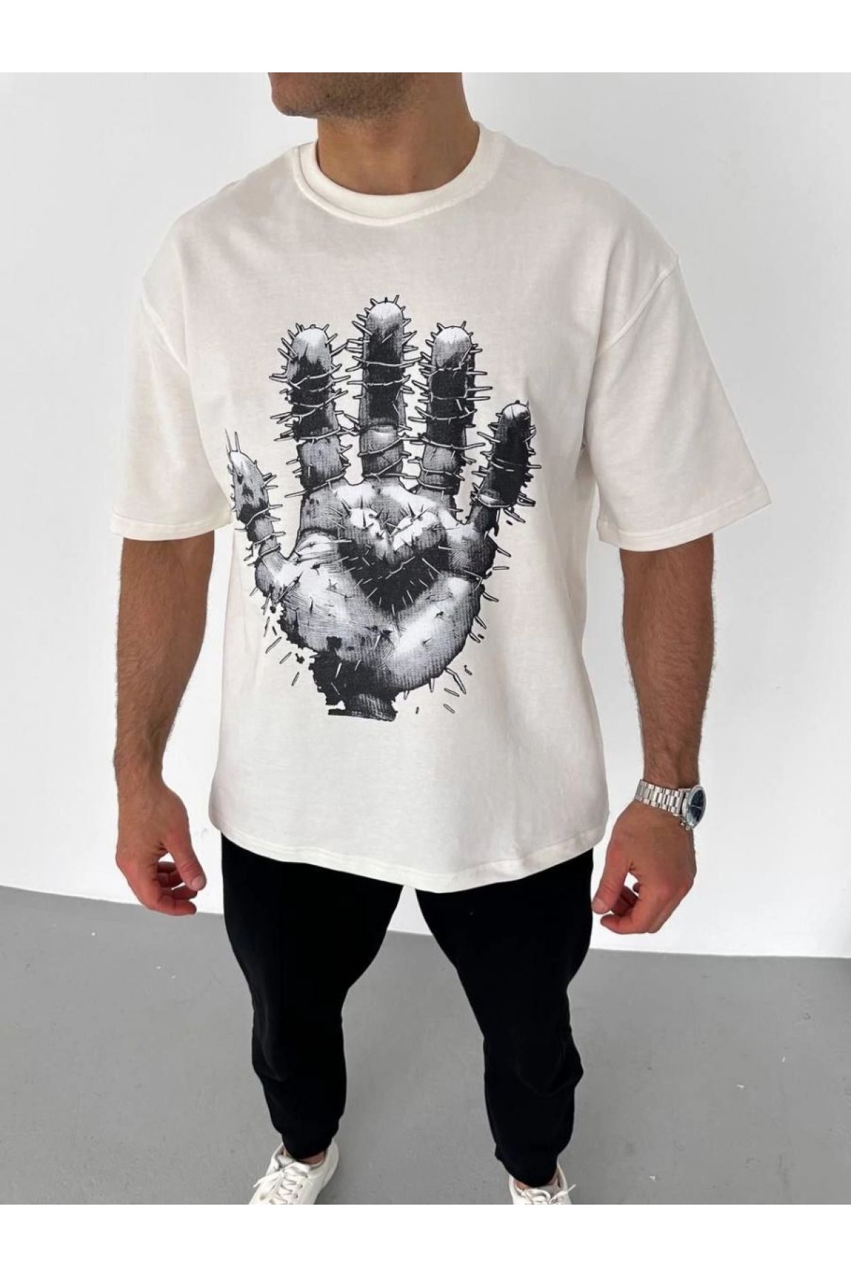 Erkek Baskılı T-Shirt Kısa Kol Bisiklet Yaka Regular Fit Rahat Kalıp Günlük Tişört - Beyaz
