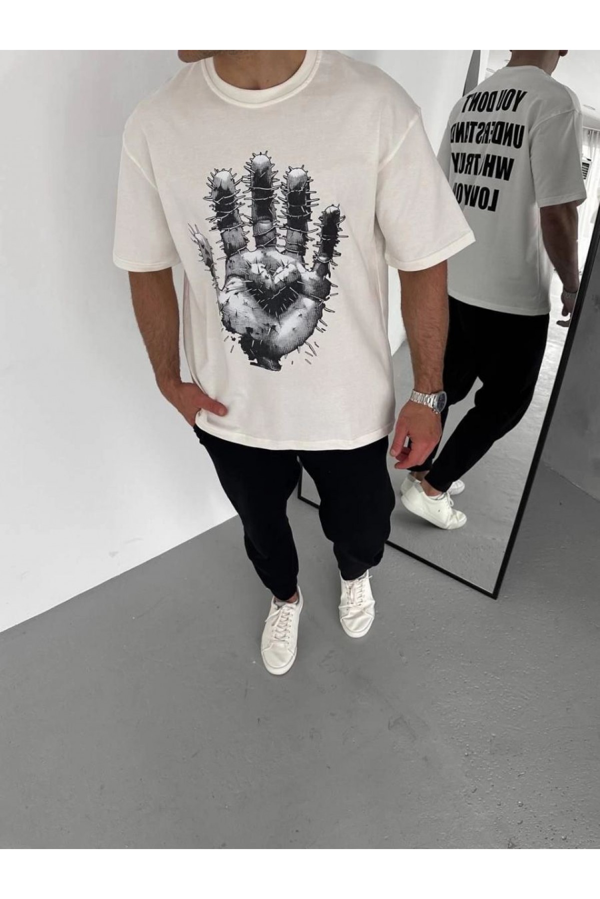 Erkek Baskılı T-Shirt Kısa Kol Bisiklet Yaka Regular Fit Rahat Kalıp Günlük Tişört - Beyaz