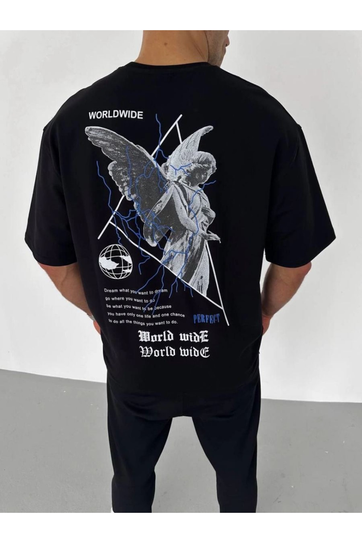 Erkek Baskılı T-Shirt Kısa Kol Bisiklet Yaka Regular Fit Rahat Kalıp Günlük Tişört - Siyah