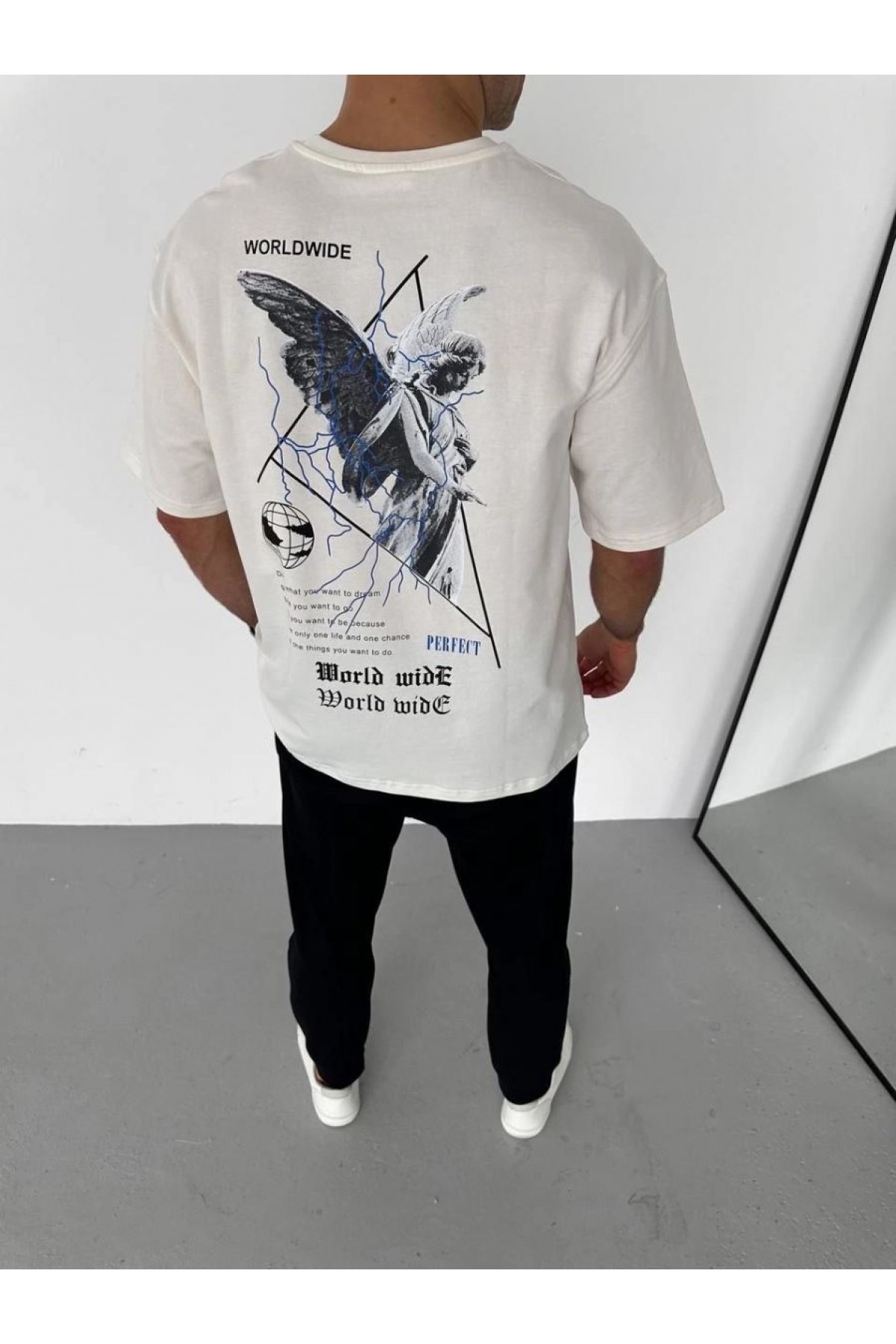 Erkek Yazlık Baskılı Tişört Bisiklet Yaka Kısa Kol Regular Fit T-Shirt - Beyaz