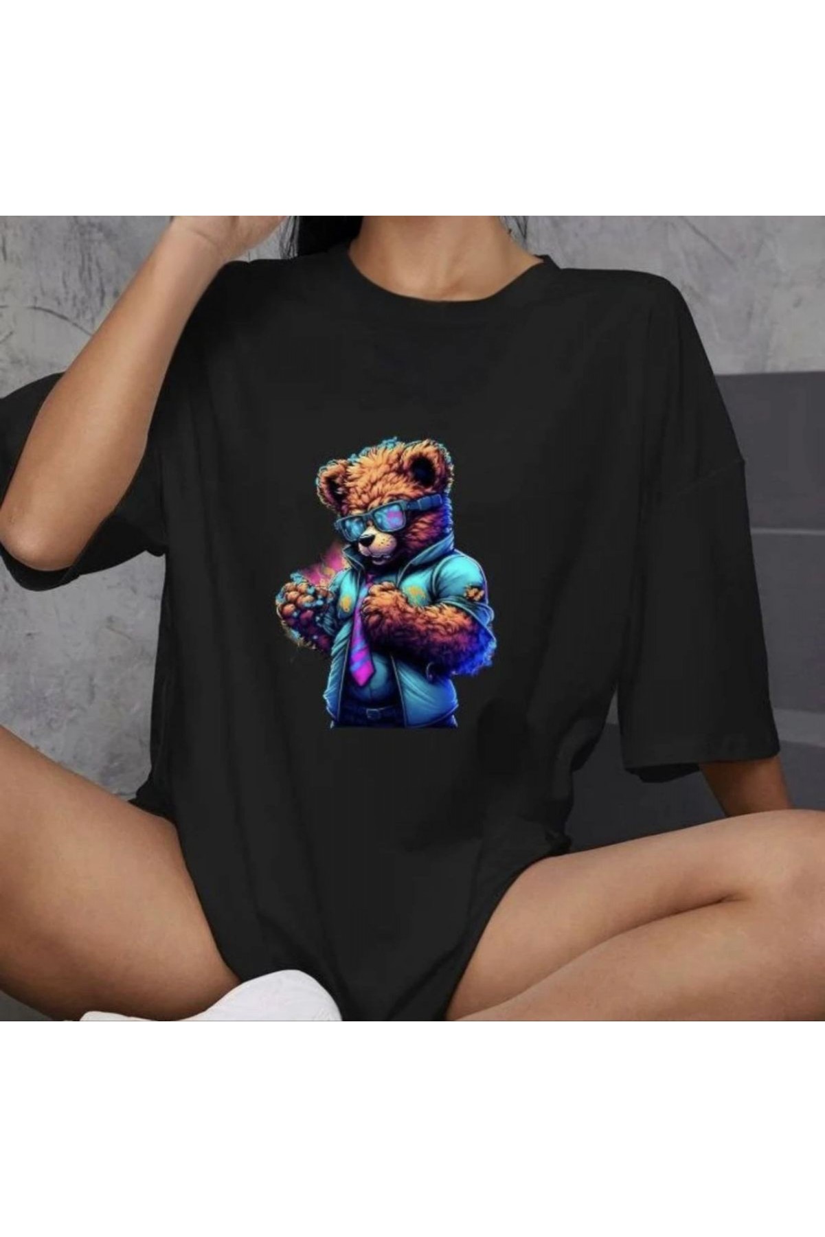 Kadın Baskılı T-Shirt Kısa Kol Bisiklet Yaka Oversize Rahat Kalıp Günlük Tişört   - Siyah