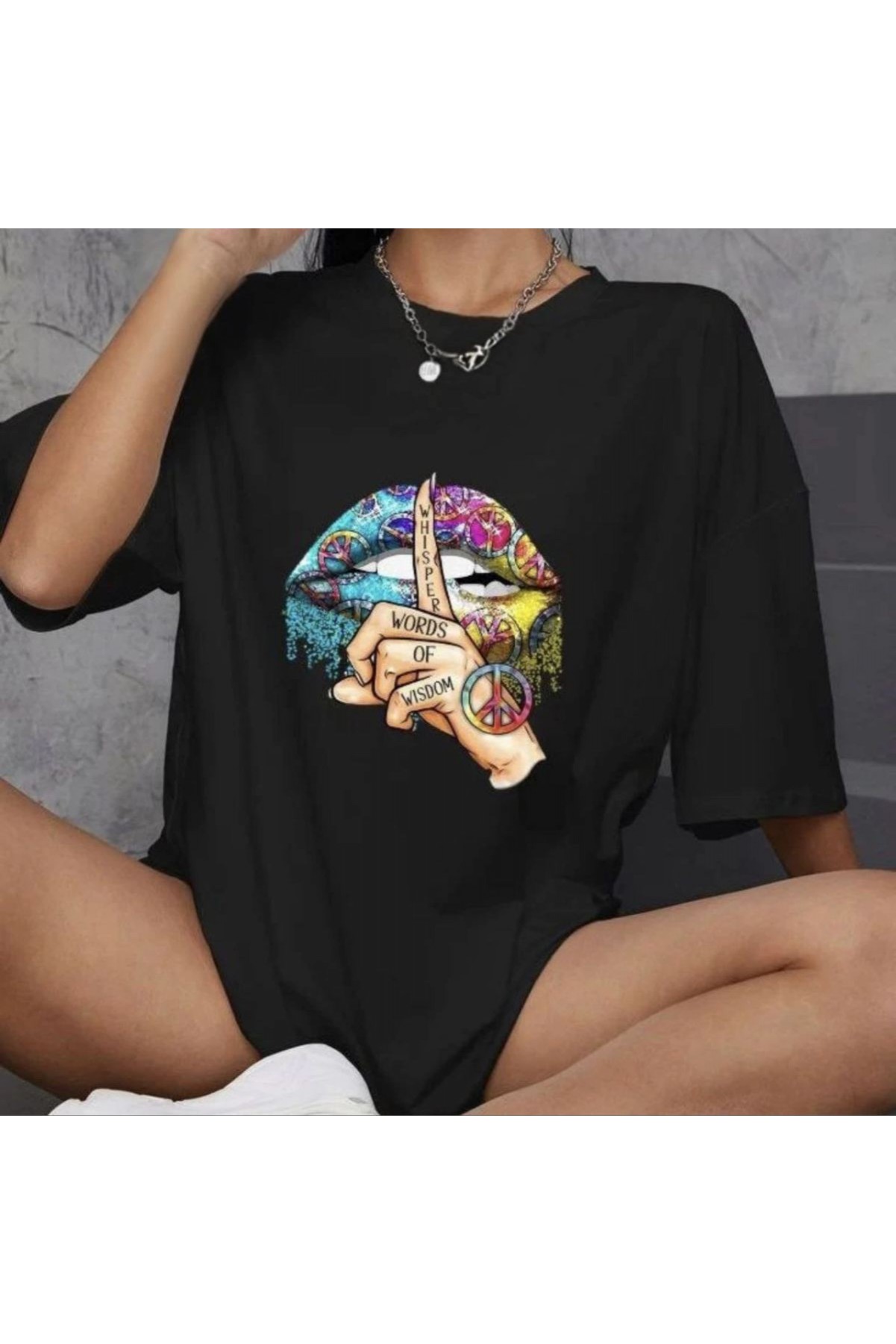 Kadın Baskılı T-Shirt Kısa Kol Bisiklet Yaka Oversize Rahat Kalıp Günlük Tişört   - Siyah