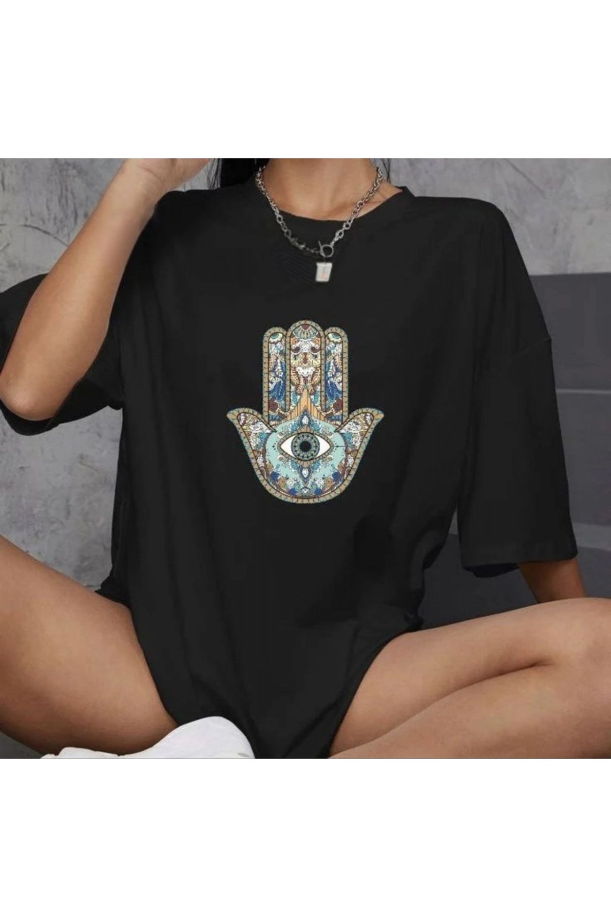 Kadın Baskılı T-Shirt Kısa Kol Bisiklet Yaka Oversize Rahat Kalıp Günlük Tişört   - Siyah