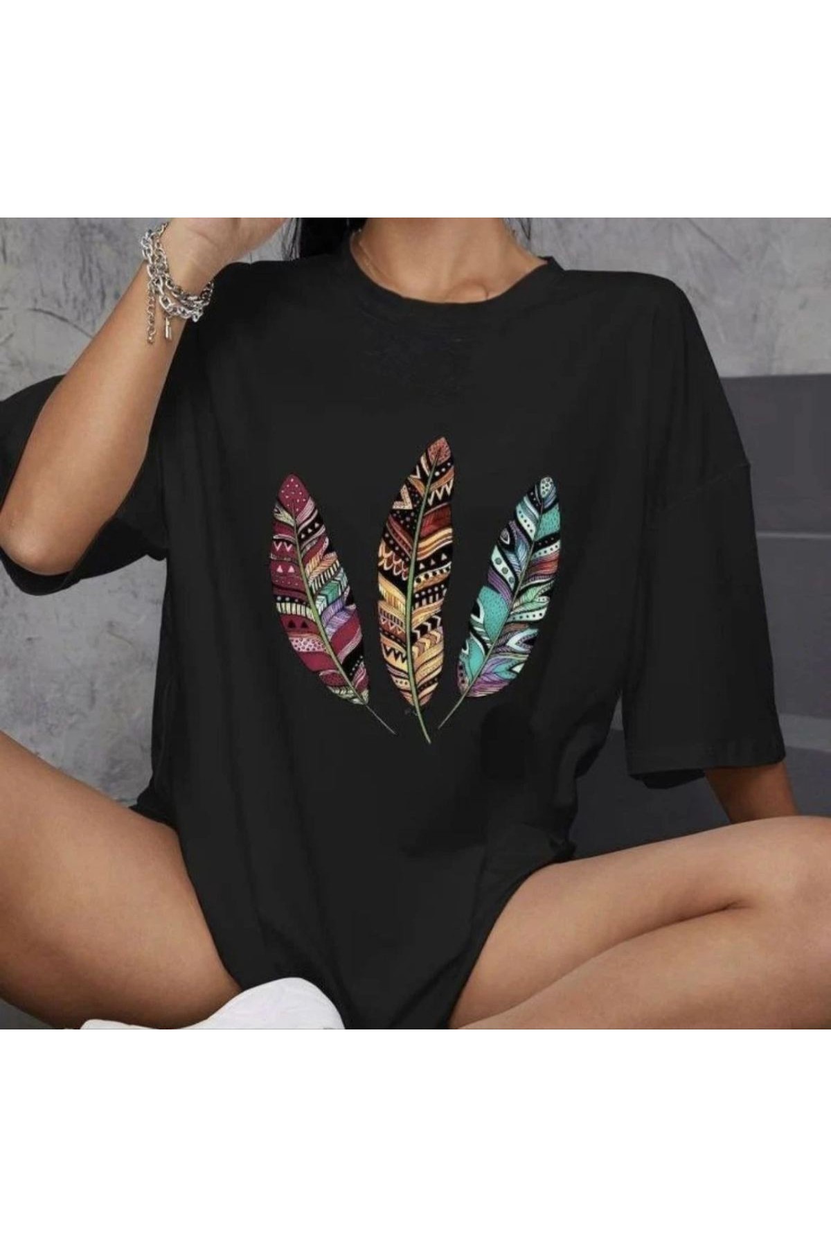 Kadın Baskılı T-Shirt Kısa Kol Bisiklet Yaka Oversize Rahat Kalıp Günlük Tişört   - Siyah