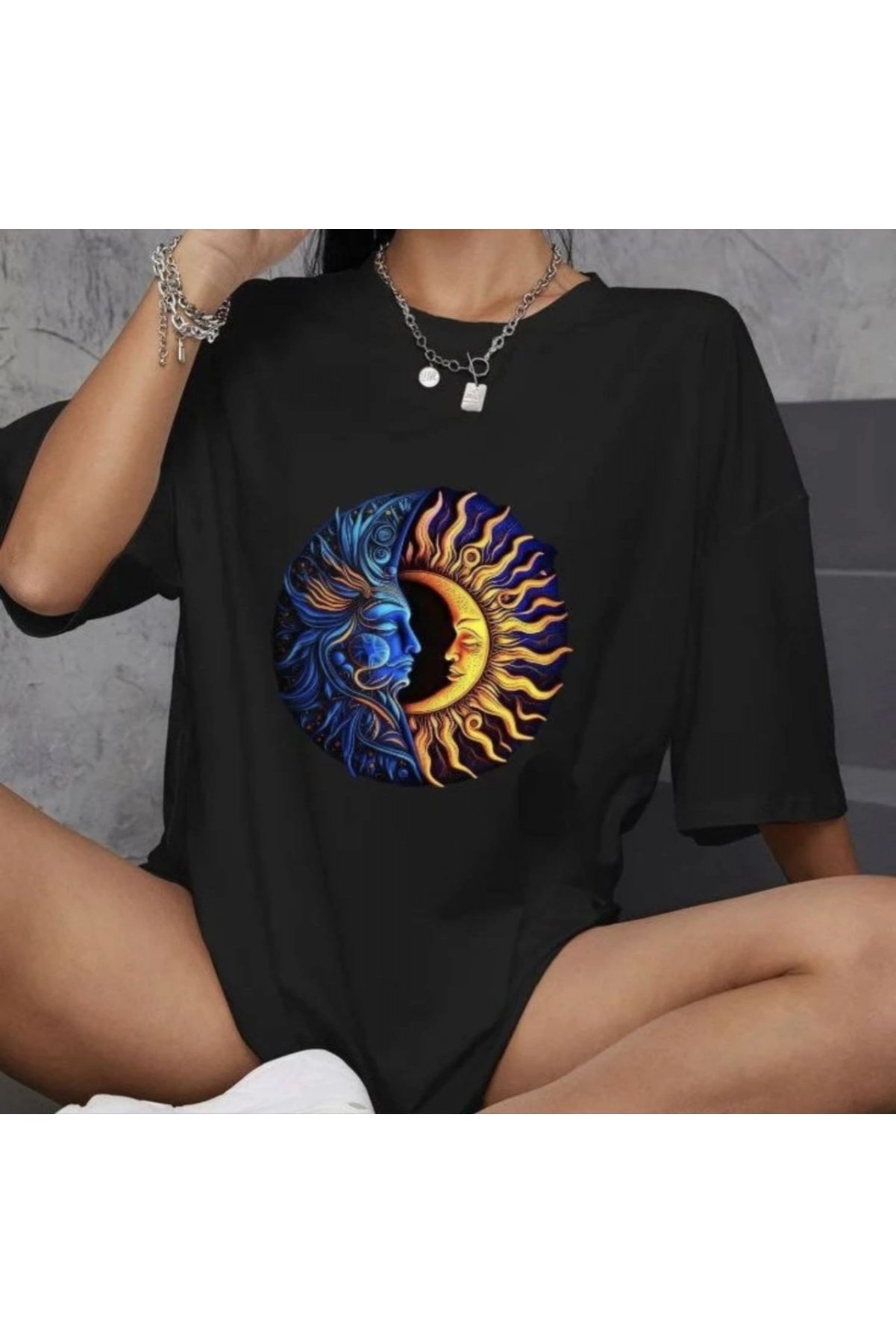 Kadın Baskılı T-Shirt Kısa Kol Bisiklet Yaka Oversize Rahat Kalıp Günlük Tişört   - Siyah