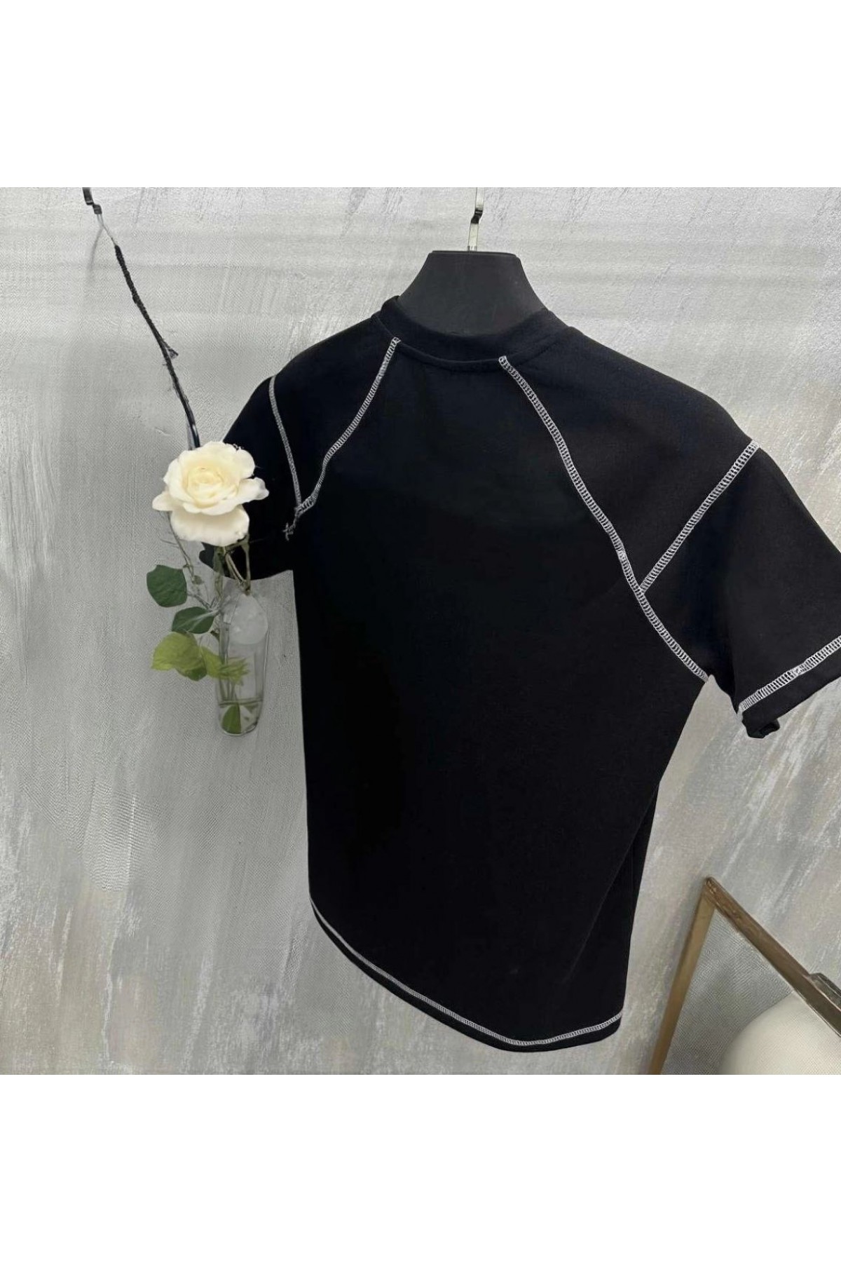 Erkek Tişört Karoyaka Dikişli Oversize T-Shirt - Siyah