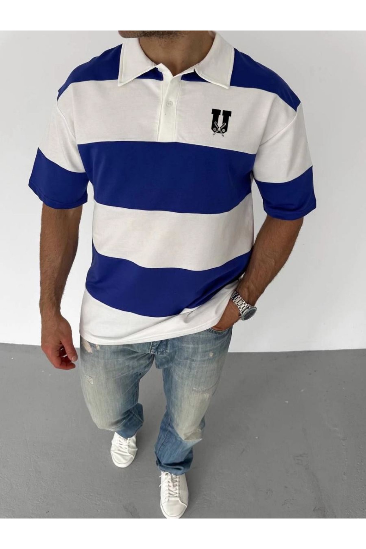 Erkek Polo Yakalı Tişört Kısa Kol Parçalı ve Baskılı T-shirt - Mavi