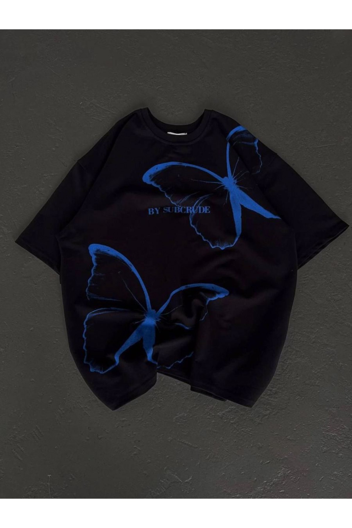 kadın Bisiklet Yaka Baskılı Oversize T-Shirt - Siyah