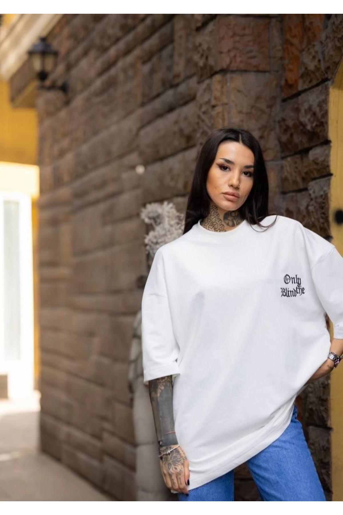 kadın Tişort Bisiklet Yaka Baskılı yazlık Kısa kol Oversize T-Shirt - Beyaz