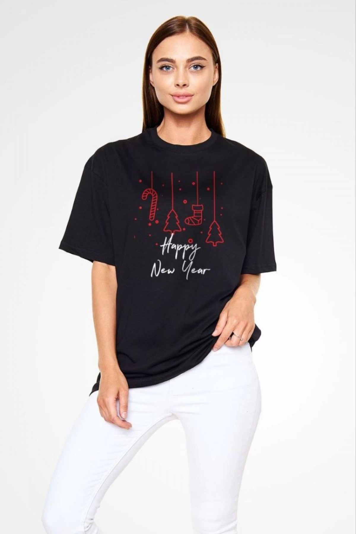 kadın Bisiklet Yaka  Kısa kol Baskılı Oversize T-Shirt - Siyah