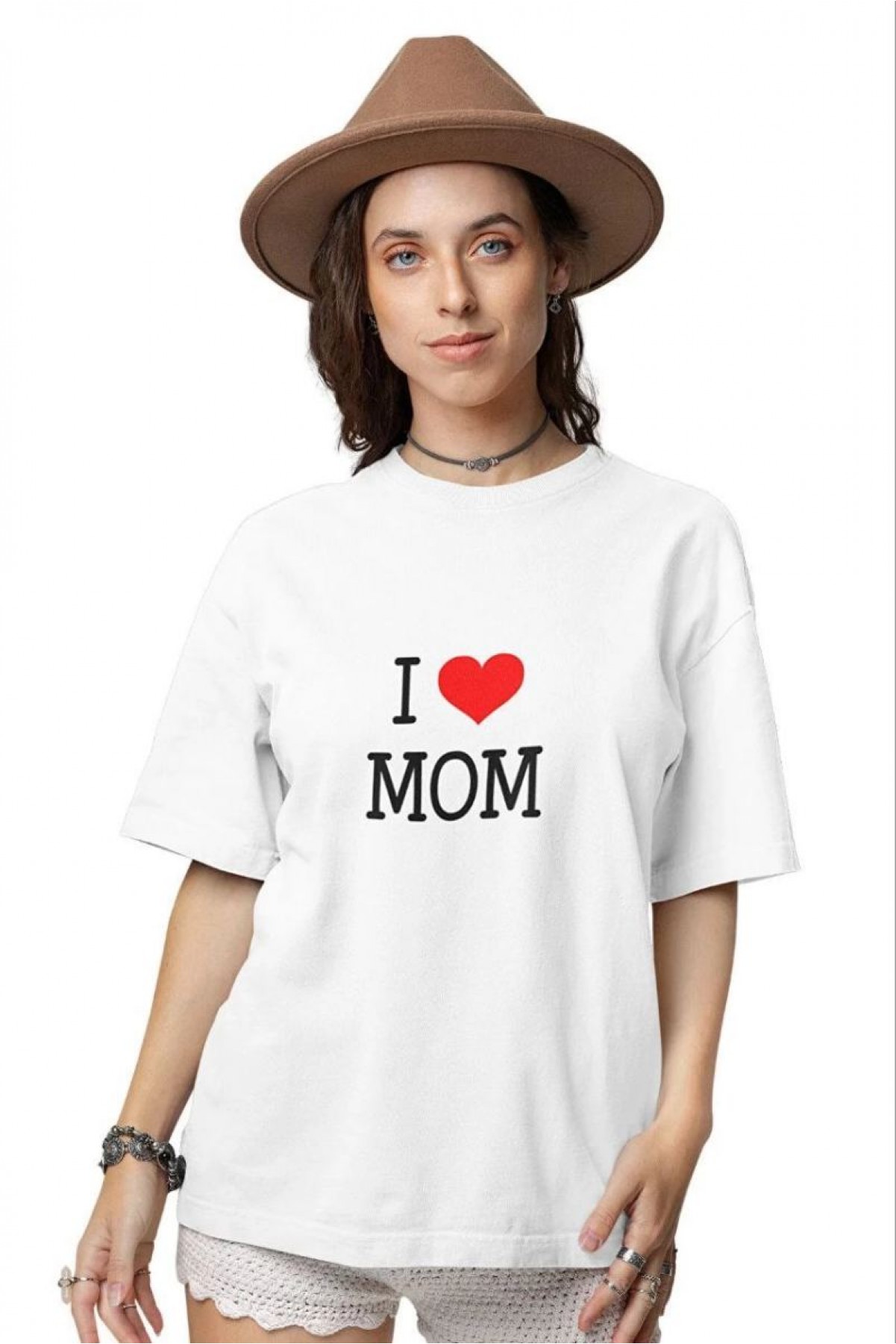 kadın Bisiklet Yaka Baskılı Oversize Kısa kol  T-Shirt - Beyaz