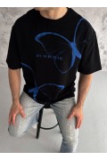 Erkek Kısa Kol Yazlık Tişört Bisiklet Yaka Baskılı Oversize T-Shirt - Siyah