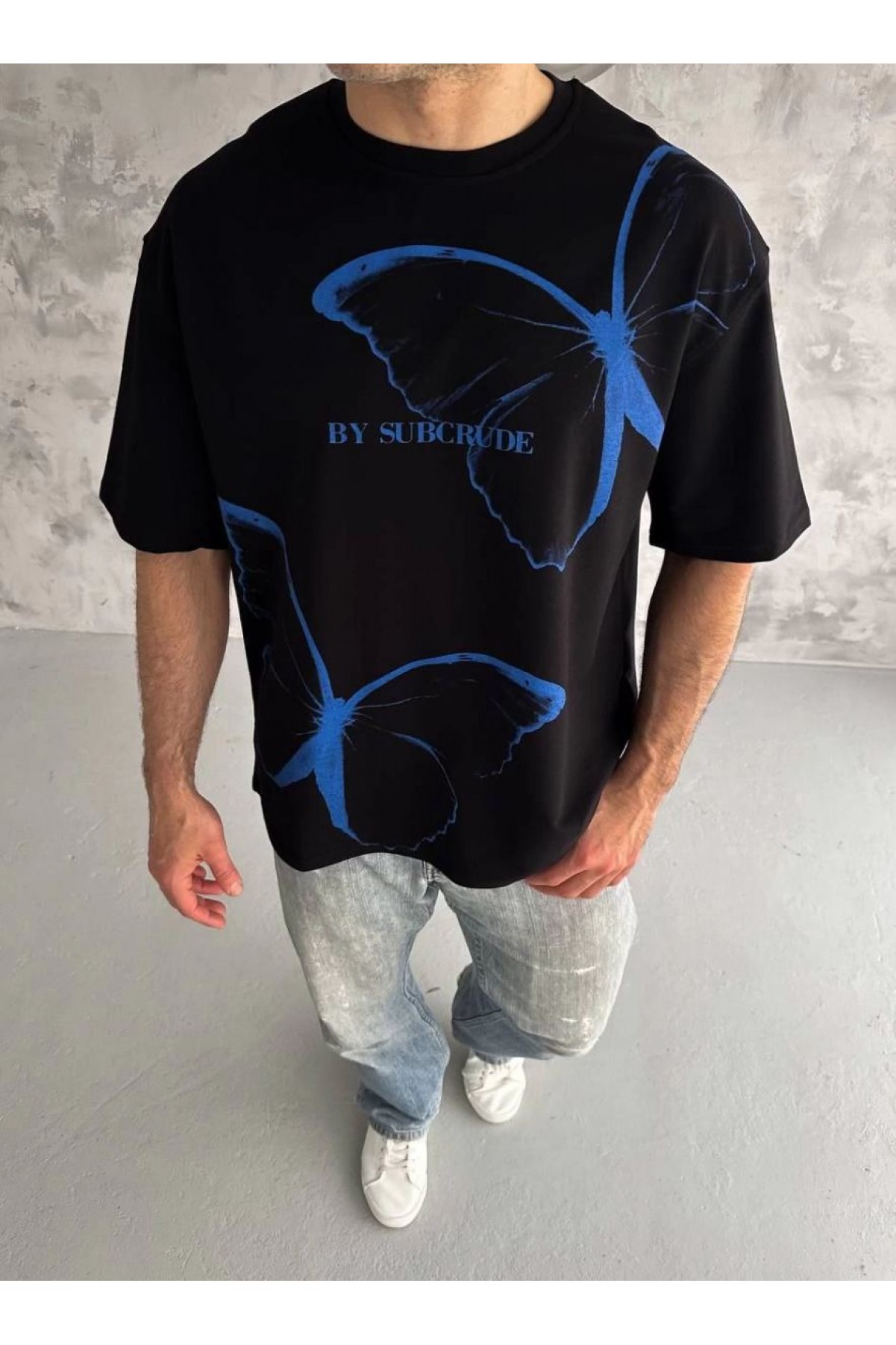 Erkek Kısa Kol Yazlık Tişört Bisiklet Yaka Baskılı Oversize T-Shirt - Siyah